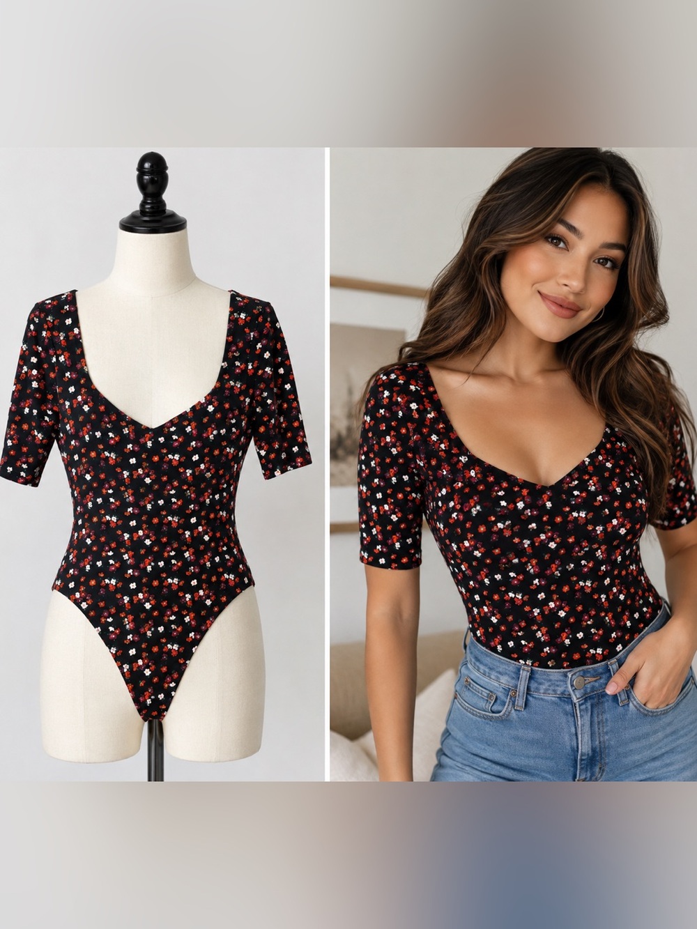 Leith Black Floral Scoop Neck Bodysuit with Red & White Flowers
